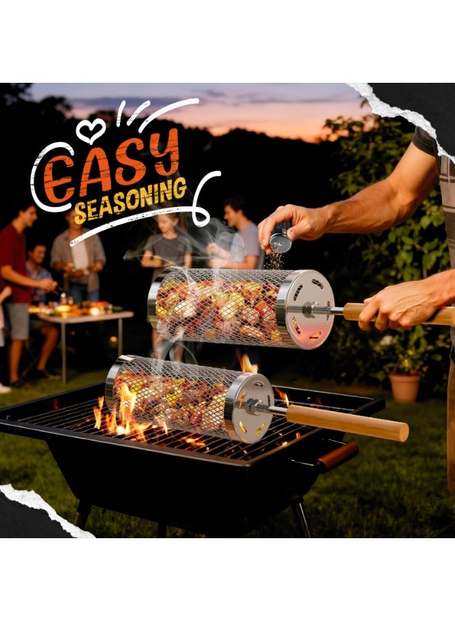 هومستر سلة شواء مزودة بمقابض خشبية قابلة للإزالة، سلة شواء خارجية لشواء اللحم والخضروات، حاوية تحميص معدنية غير قابلة للصدأ، أداة شواء للخضروات والجمبري والأسماك واللحوم، مثالية للتجول في المخيمات وهدية لأبي/زوجي/رجل، 35×9.5 سم - Image 5